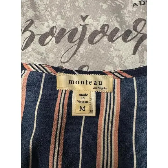 Monteau Los Angeles Women’s Dress M Navy Blue White Pink Striped Sleeveless - Picture 8 of 8